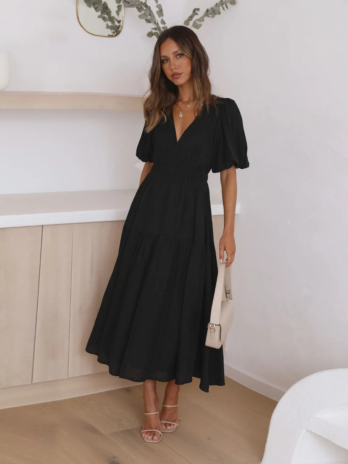 Tiered Surplice Half Sleeve Midi Dress by Trendsi