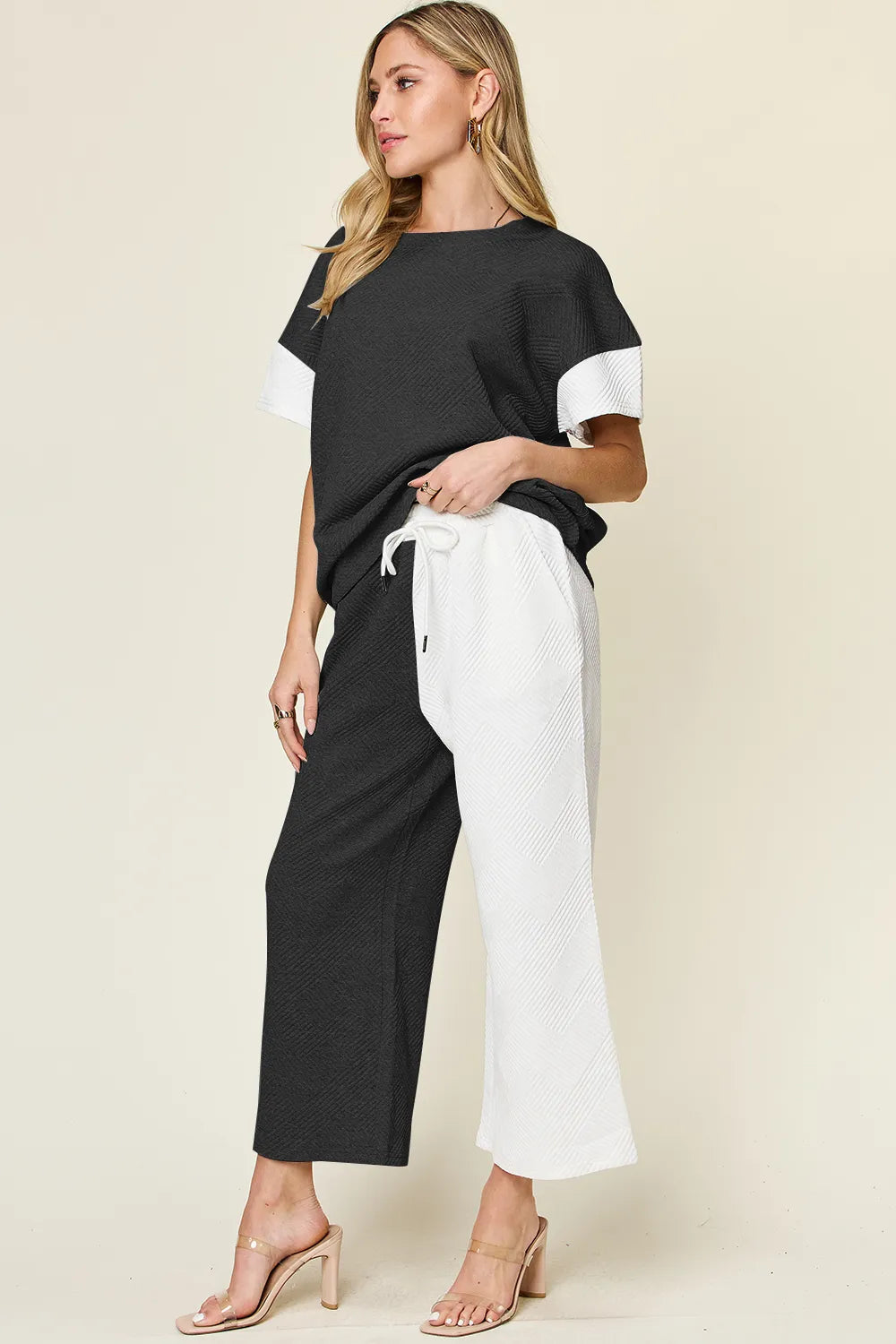 Double Take Full Size Texture Contrast T-Shirt and Wide Leg Pants Set by Trendsi