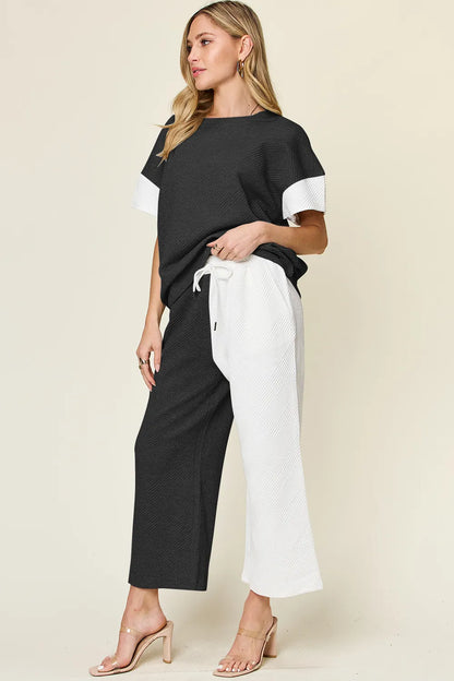 Double Take Full Size Texture Contrast T-Shirt and Wide Leg Pants Set – Uneeque Designzz