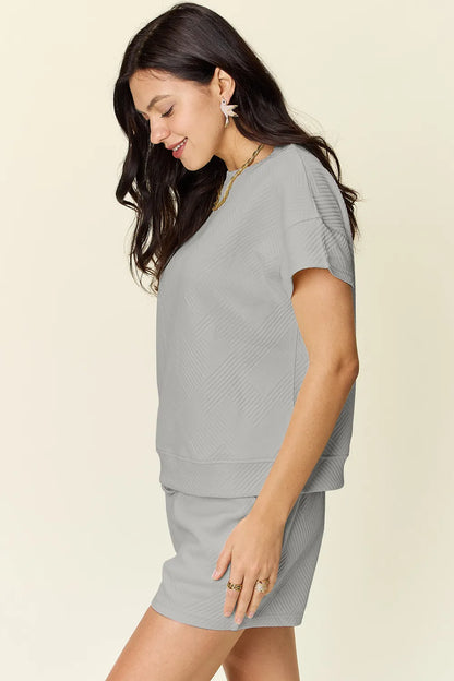 Double Take Full Size Texture Short Sleeve T-Shirt and Drawstring Shorts Set – Uneeque Designzz