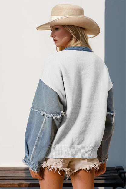Double Take Full Size Star Pattern Raw Edge Long Sleeve Sweater – Uneeque Designzz