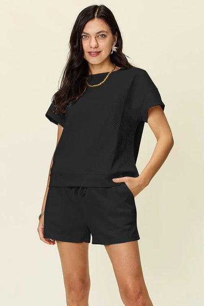 Double Take Full Size Texture Short Sleeve T-Shirt and Drawstring Shorts Set – Uneeque Designzz