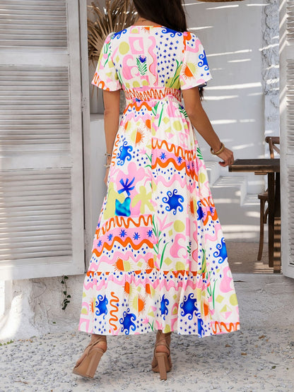 Devine Smocked Printed V-Neck Short Sleeve Maxi Dress – Uneeque Designzz