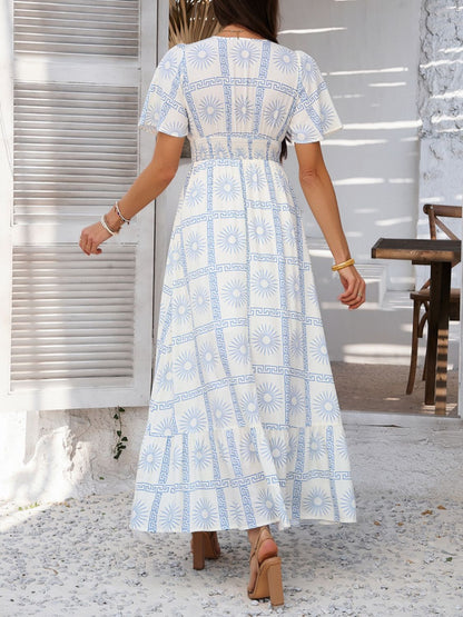 Devine Smocked Printed V-Neck Short Sleeve Maxi Dress – Uneeque Designzz