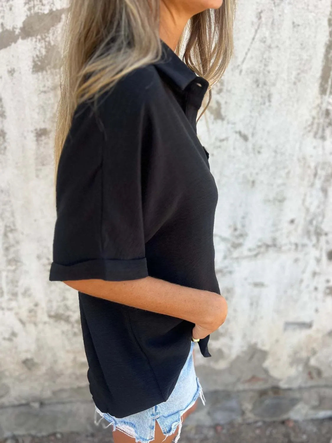 Full Size Collared Neck Half Sleeve Shirt Plus Size by Trendsi