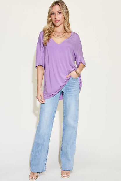 Basic Bae Full Size Bamboo V-Neck Drop Shoulder T-Shirt – Uneeque Designzz