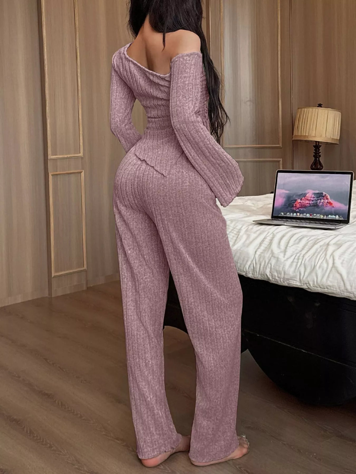 One-Shoulder Ribbed Knit Top and Pants Set by Trendsi