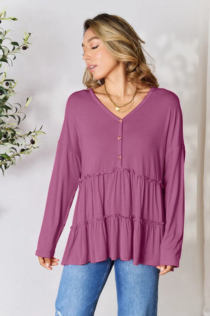 Double Take Half Button Long Sleeve Ruffle Hem Blouse – Uneeque Designzz