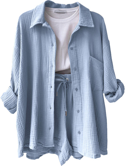 Texture Button-Up Shirt and Drawstring Shorts Set – Uneeque Designzz