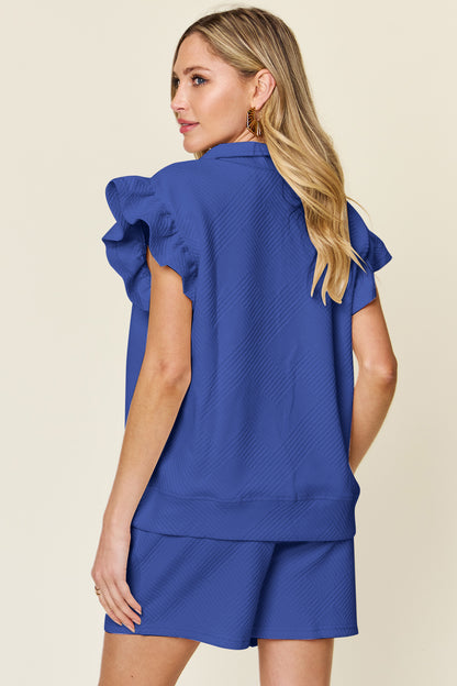 Double Take Full Size Texture Flounce Sleeve Top and Drawstring Shorts Set – Uneeque Designzz