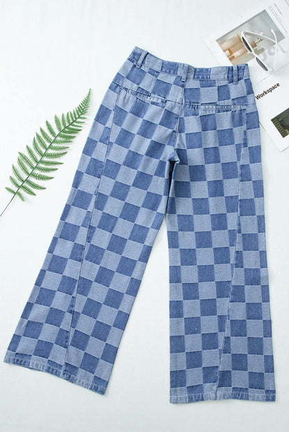 Checkered Wide Leg Jeans with Pockets – Uneeque Designzz
