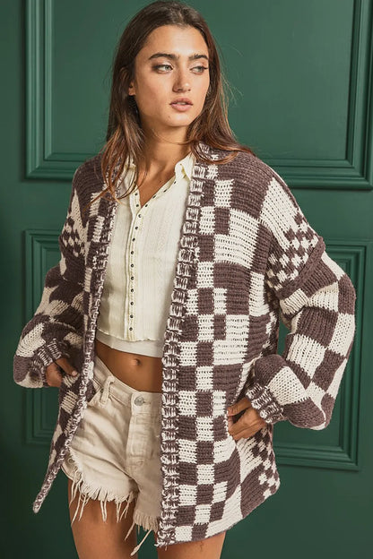 Checkered Open-Front Long Sleeve Stretch Cardigan – Uneeque Designzz