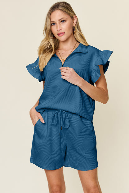 Double Take Full Size Texture Flounce Sleeve Top and Drawstring Shorts Set – Uneeque Designzz
