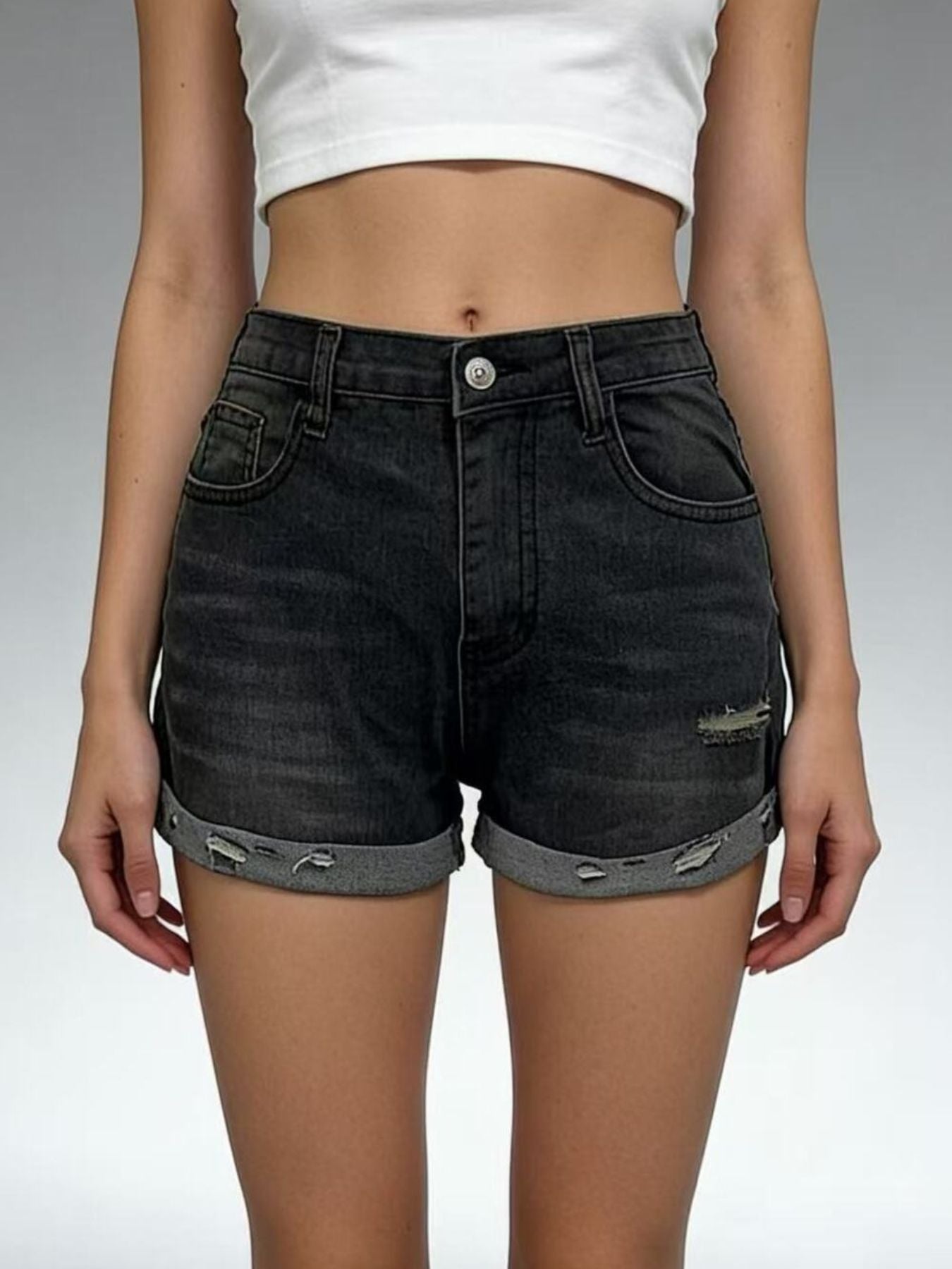 Distressed Denim Roll-Up Shorts by Trendsi