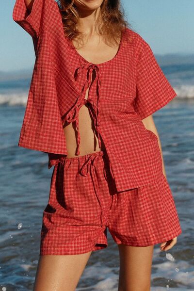 Plaid Tied Scoop Neck Short Sleeve Top and Drawstring Shorts Set – Uneeque Designzz