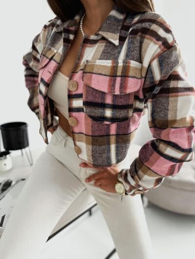 Pocketed Collared Neck Long Sleeve Plaid Jacket – Uneeque Designzz