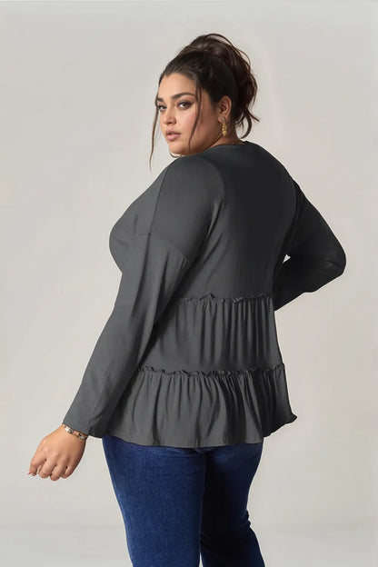 Double Take Half Button Long Sleeve Ruffle Hem Blouse – Uneeque Designzz