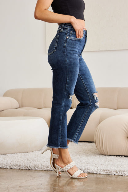 RFM Crop Dylan Full Size Tummy Control Distressed High Waist Raw Hem Jeans – Uneeque Designzz