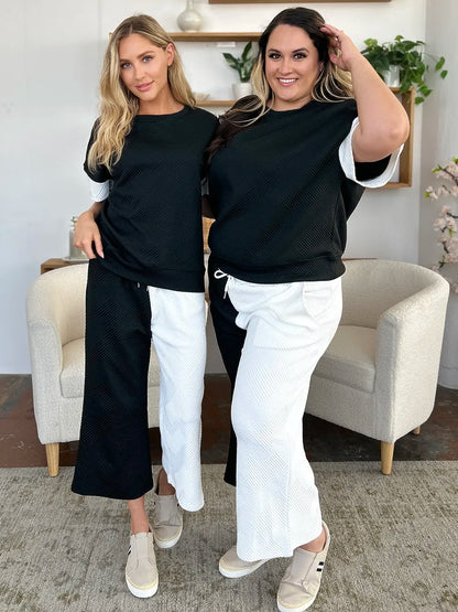 Double Take Full Size Texture Contrast T-Shirt and Wide Leg Pants Set – Uneeque Designzz