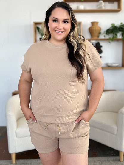 Double Take Full Size Texture Short Sleeve T-Shirt and Drawstring Shorts Set – Uneeque Designzz