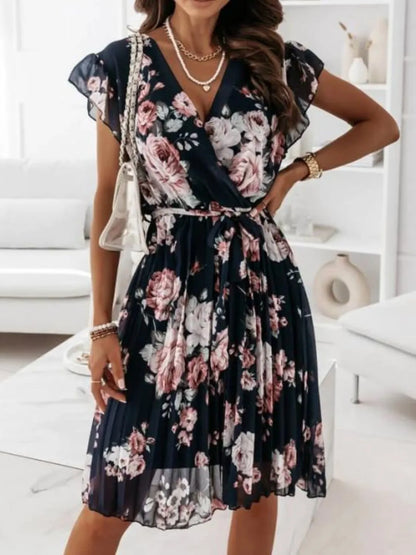 Floral Surplice Ruffled Cap Sleeve Dress – Uneeque Designzz