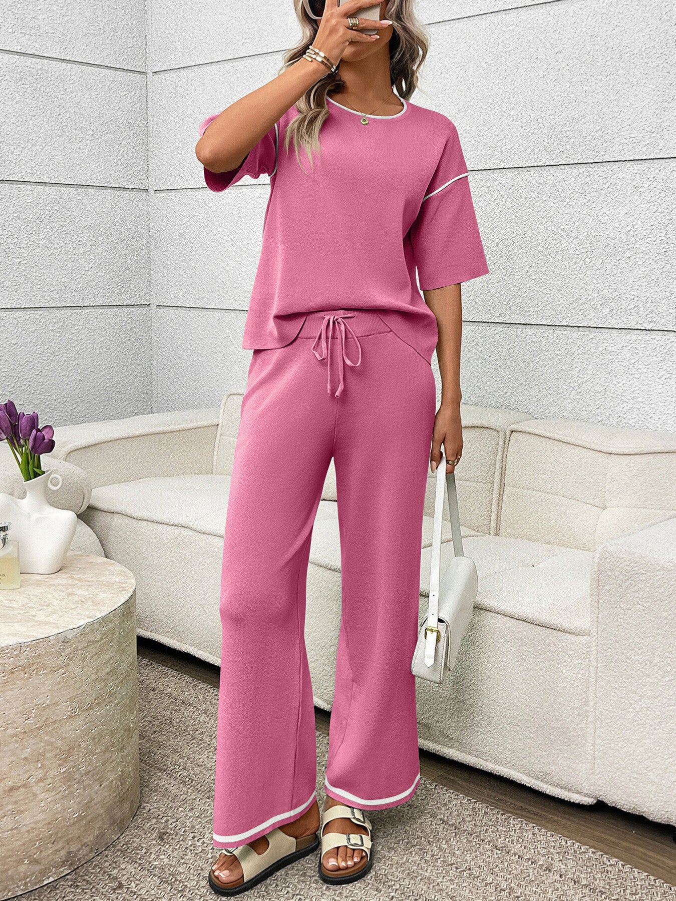 Round Neck Half Sleeve Top and Pants Set by Trendsi