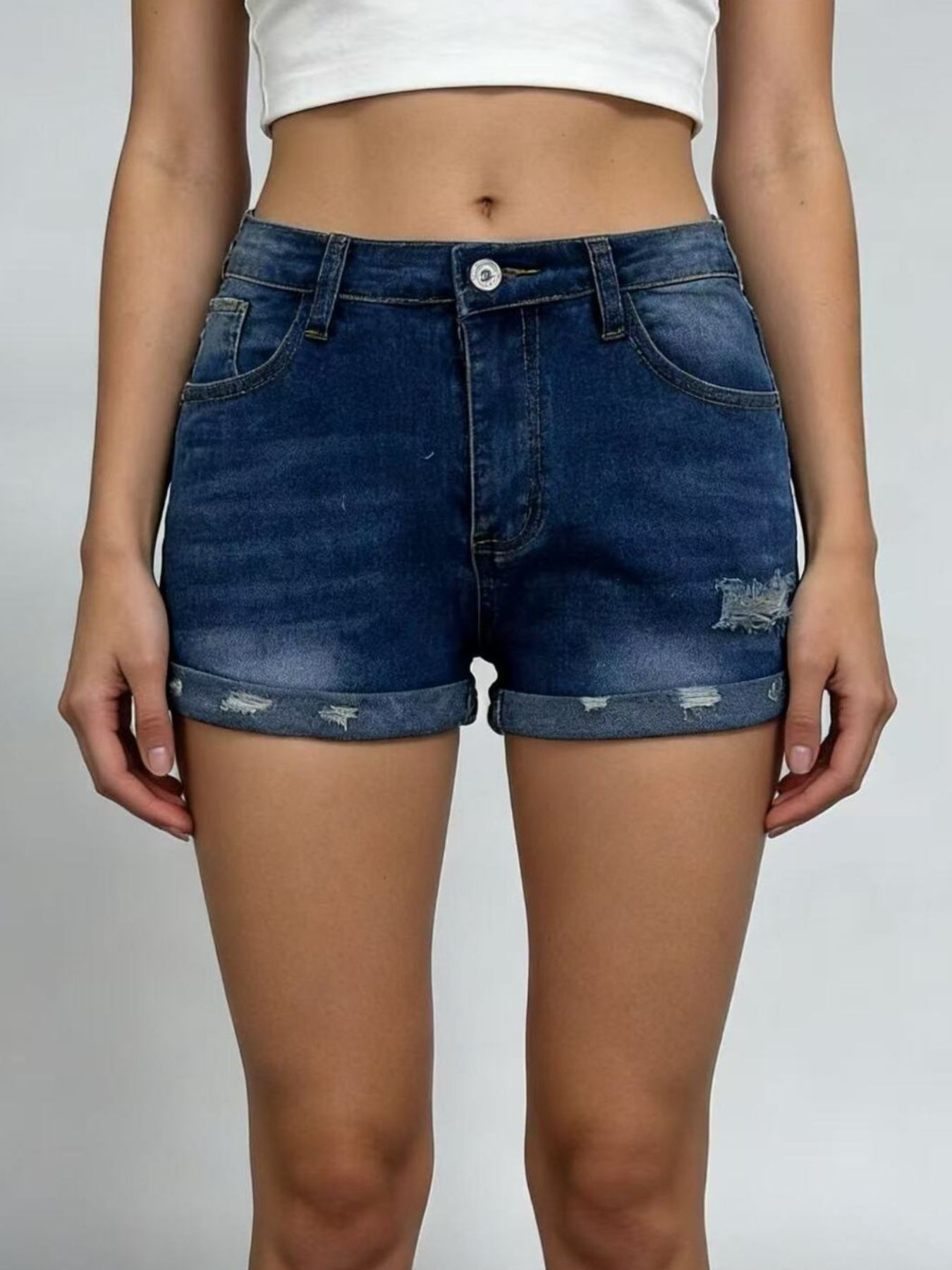 Distressed Denim Roll-Up Shorts by Trendsi