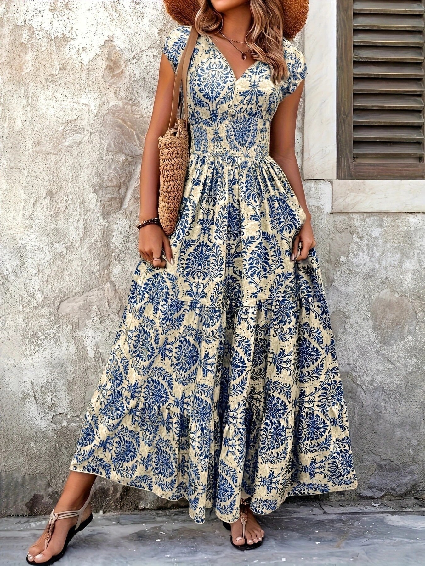 Printed Cap Sleeve Maxi Dress by Trendsi