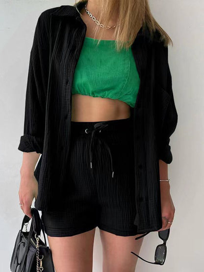 Texture Button-Up Shirt and Drawstring Shorts Set – Uneeque Designzz