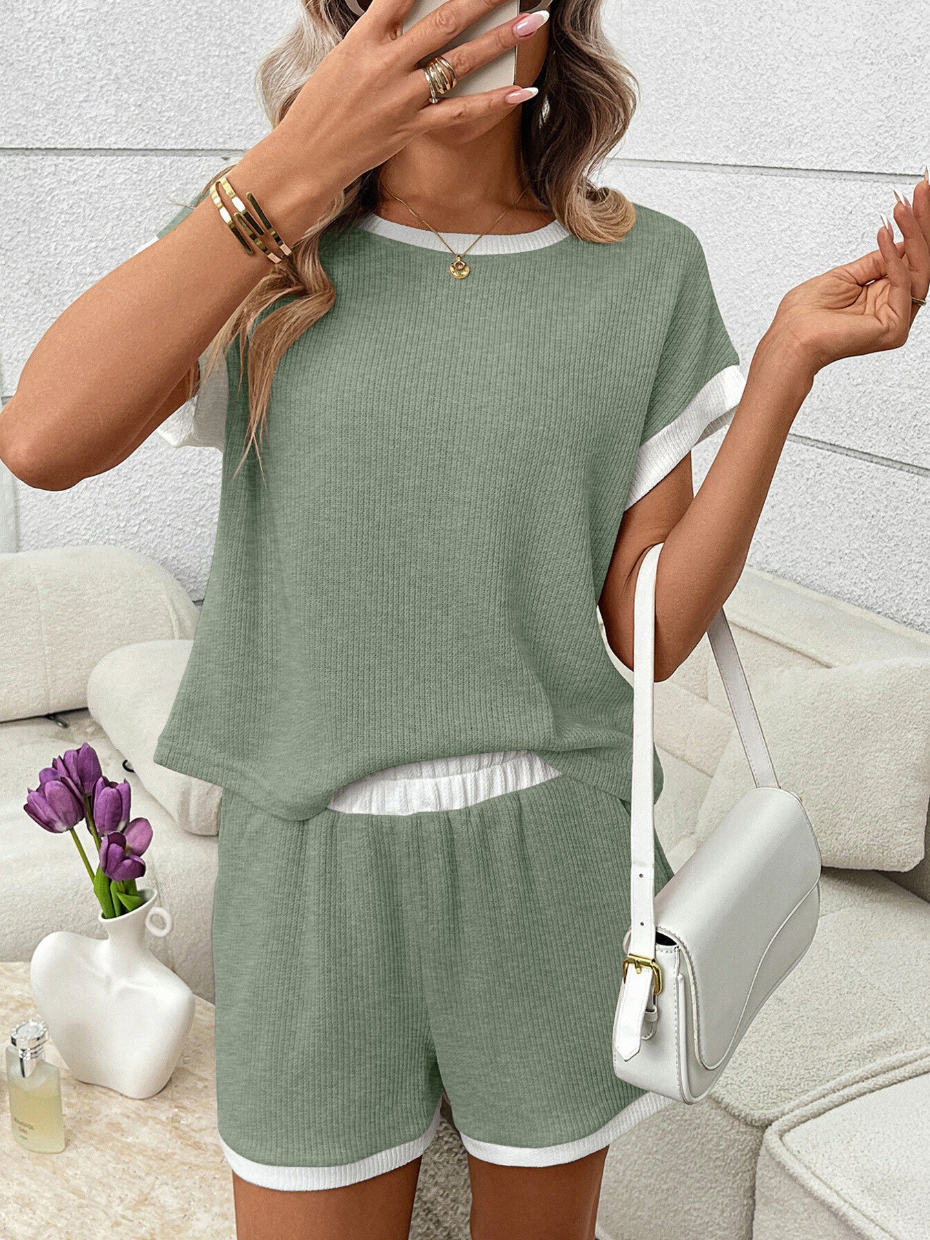 Contrast Trim Short Sleeve Top and Shorts Set by Trendsi