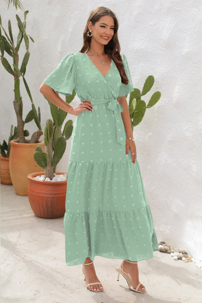 Swiss Dot Tied Surplice Short Sleeve Dress – Uneeque Designzz