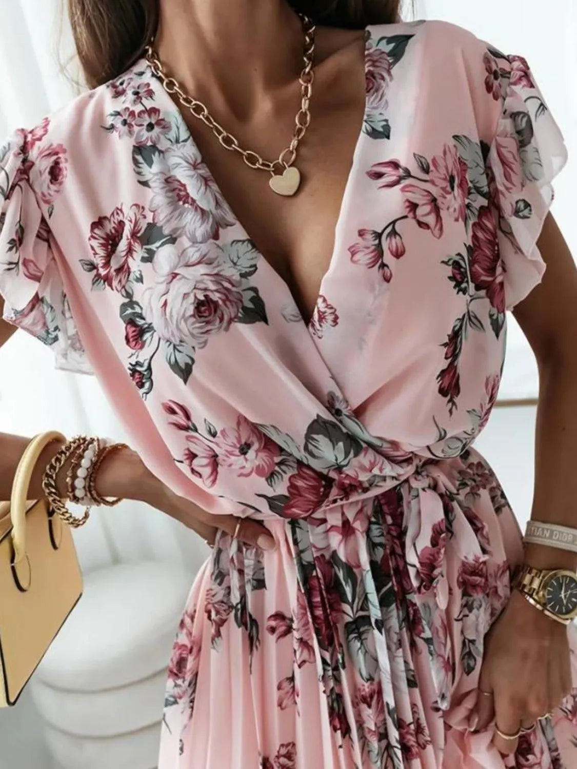 Floral Surplice Ruffled Cap Sleeve Dress by Uneeque Designzz