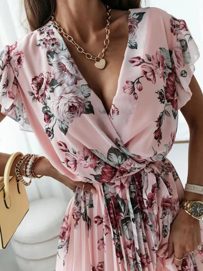Floral Surplice Ruffled Cap Sleeve Dress – Uneeque Designzz