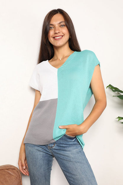 Color Block V-Neck Knit Top – Uneeque Designzz