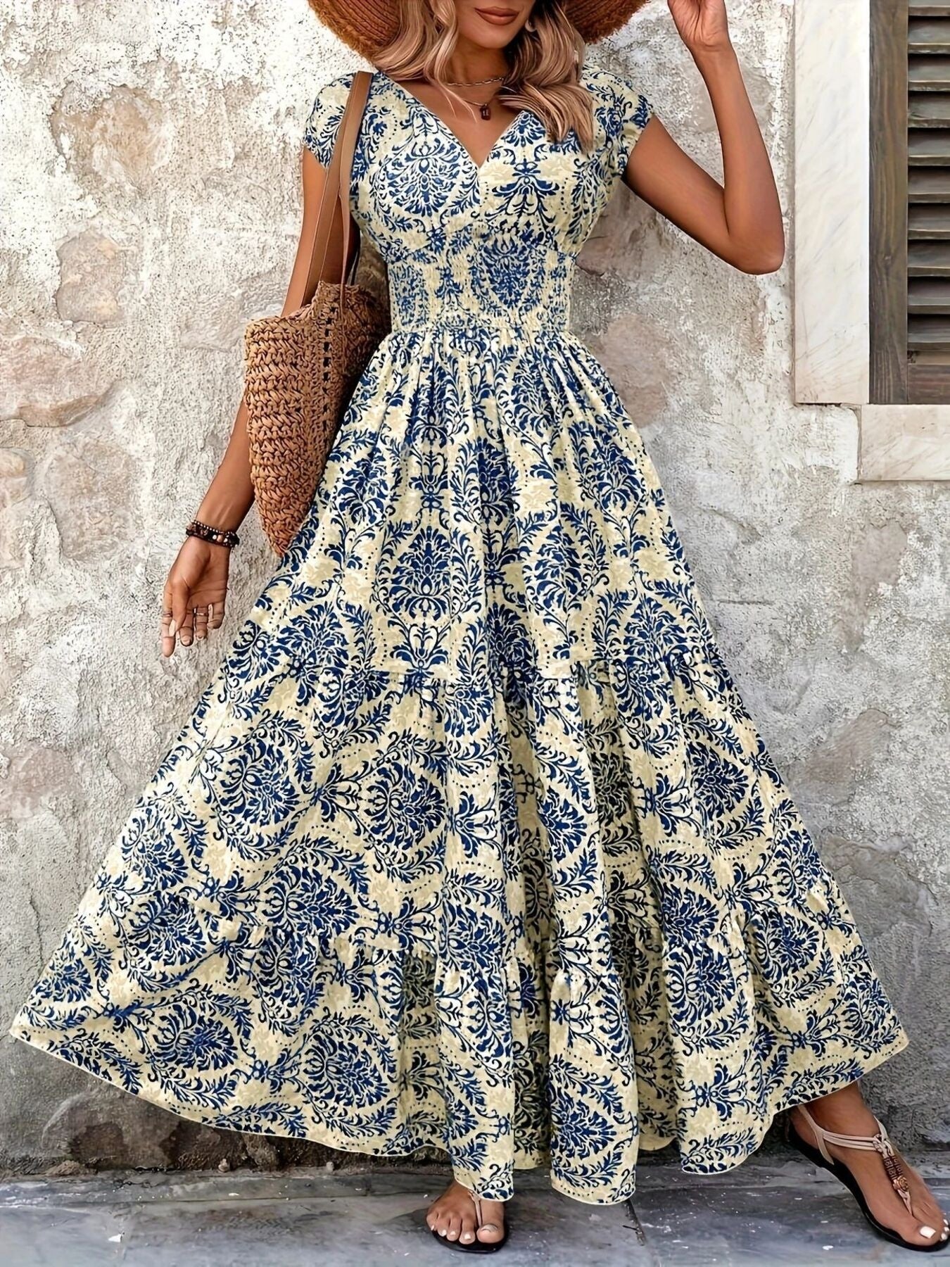 Printed Cap Sleeve Maxi Dress by Trendsi