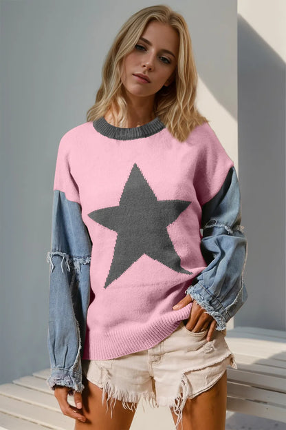 Double Take Full Size Star Pattern Raw Edge Long Sleeve Sweater – Uneeque Designzz