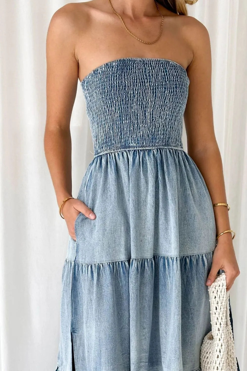 Smocked Tube Slit Tiered Denim Dress by Uneeque Designzz