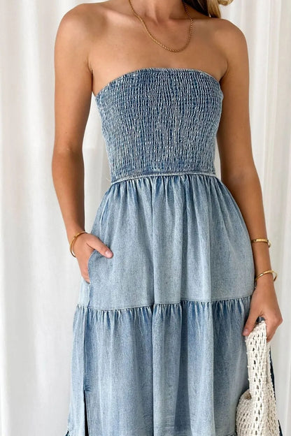 Smocked Tube Slit Tiered Denim Dress – Uneeque Designzz