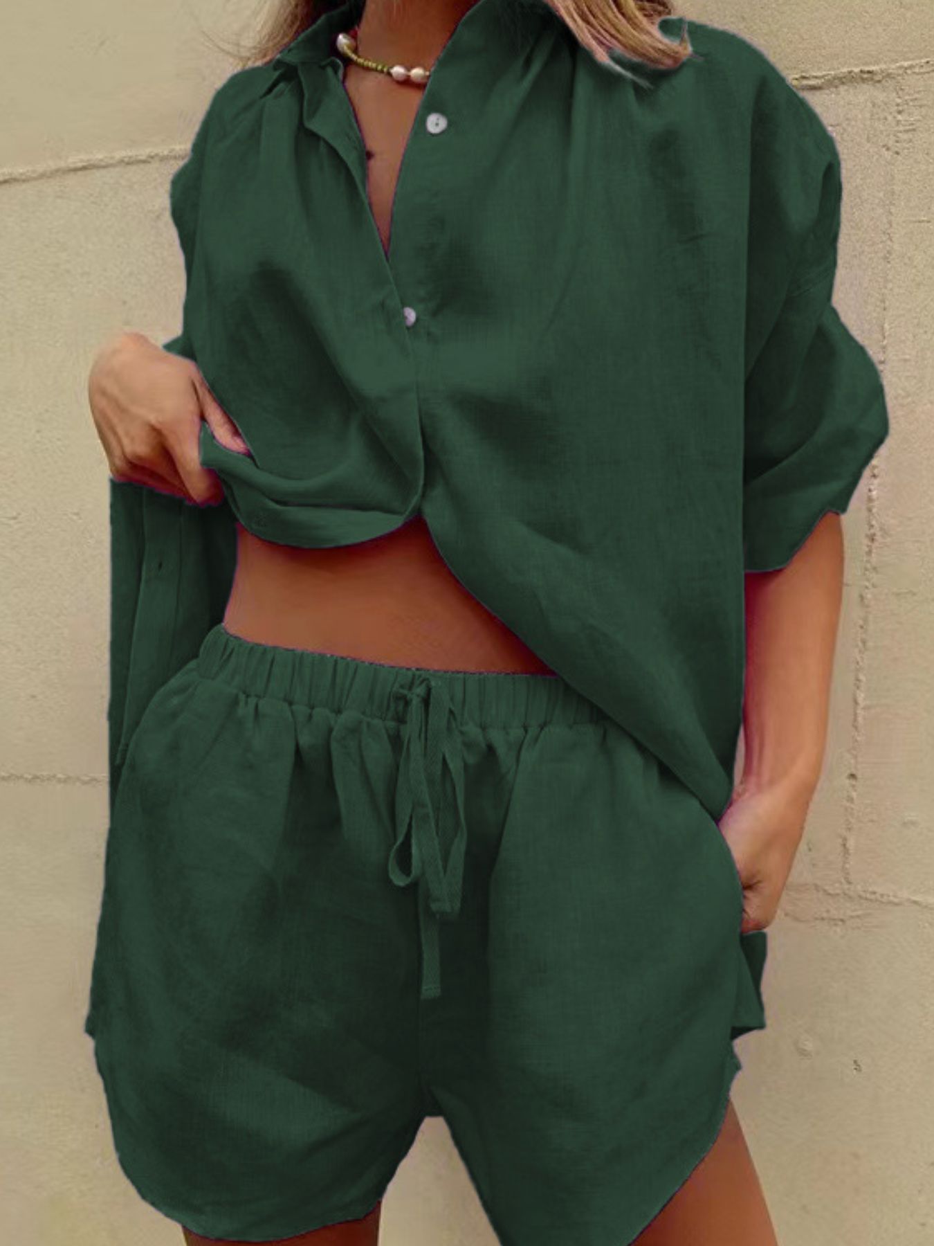 Button Up Shirt and Drawstring Shorts Set by Trendsi