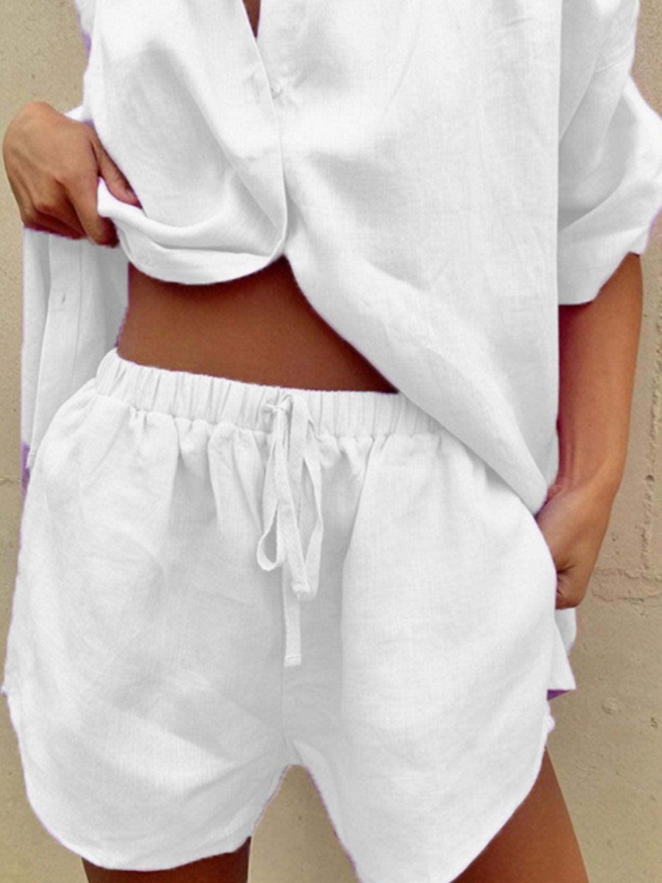 Button Up Shirt and Drawstring Shorts Set by Trendsi