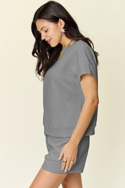 Double Take Full Size Texture Short Sleeve T-Shirt and Drawstring Shorts Set – Uneeque Designzz
