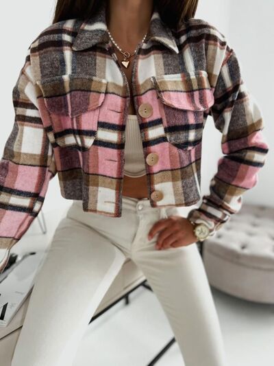Pocketed Collared Neck Long Sleeve Plaid Jacket – Uneeque Designzz