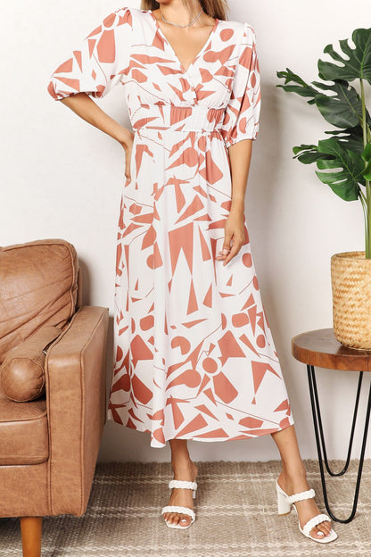 Double Take Printed Surplice Balloon Sleeve Dress – Uneeque Designzz