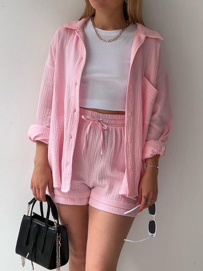 Texture Button-Up Shirt and Drawstring Shorts Set – Uneeque Designzz
