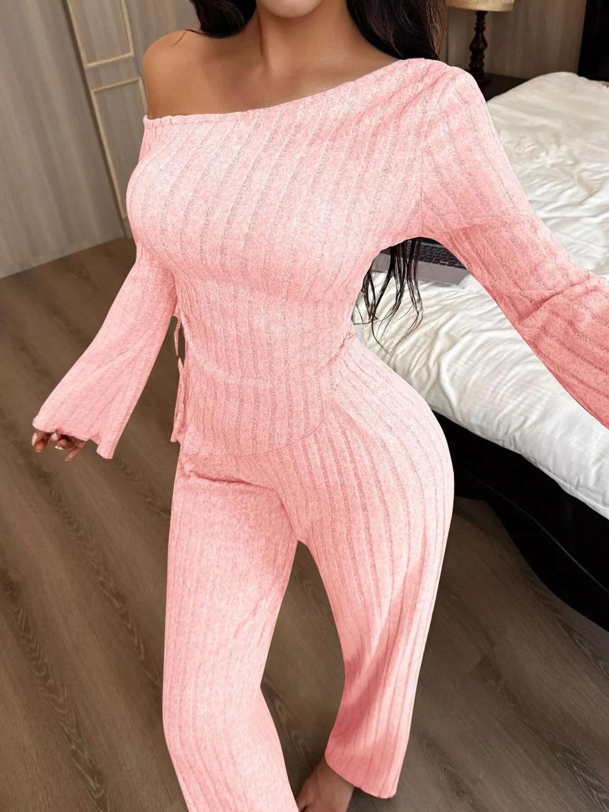 One-Shoulder Ribbed Knit Top and Pants Set by Trendsi