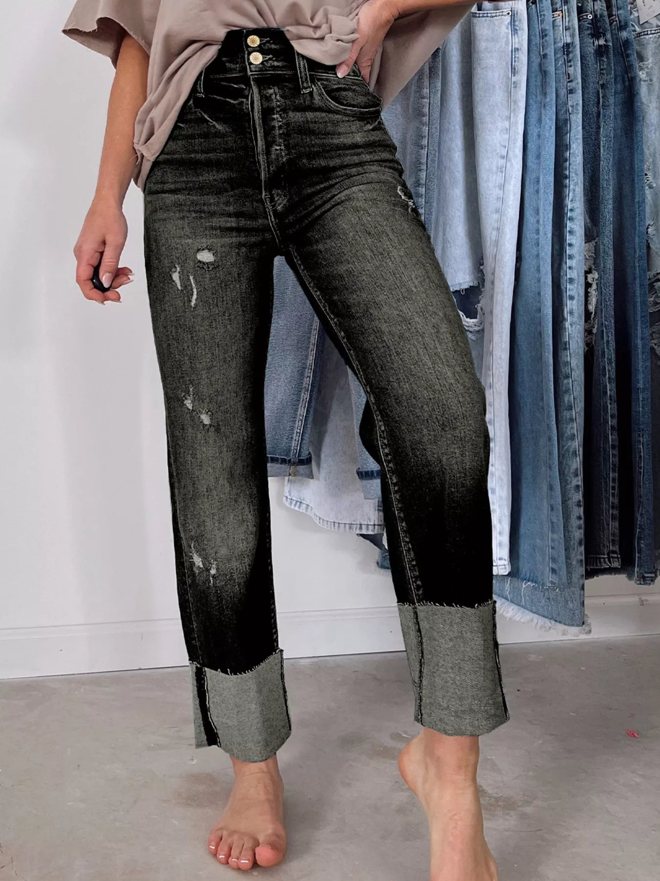 High Waist Distressed Straight Leg Jeans by Trendsi