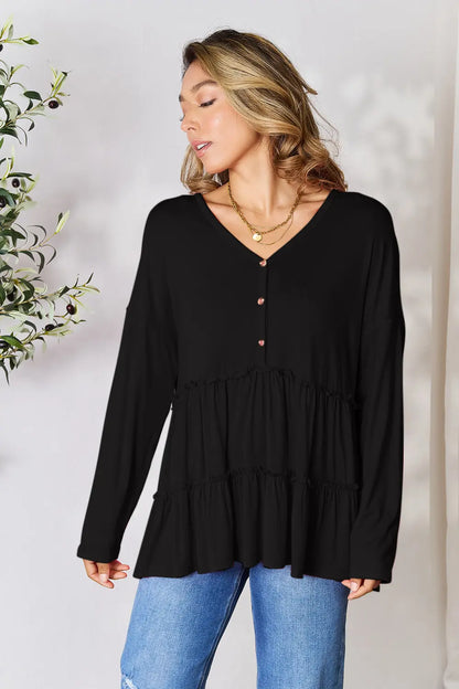 Double Take Half Button Long Sleeve Ruffle Hem Blouse – Uneeque Designzz