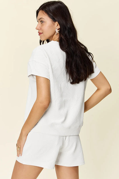 Double Take Full Size Texture Short Sleeve T-Shirt and Drawstring Shorts Set – Uneeque Designzz