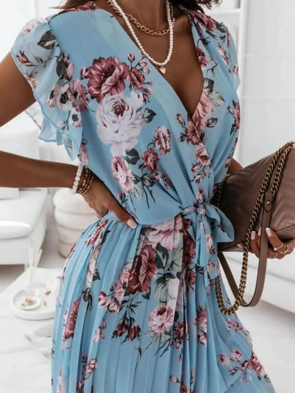 Floral Surplice Ruffled Cap Sleeve Dress – Uneeque Designzz