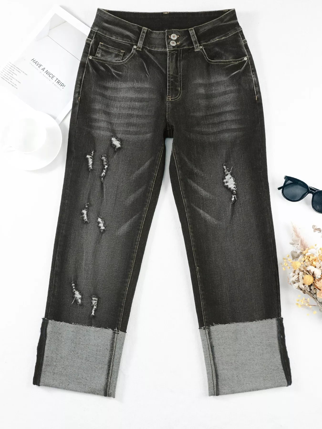 High Waist Distressed Straight Leg Jeans by Trendsi